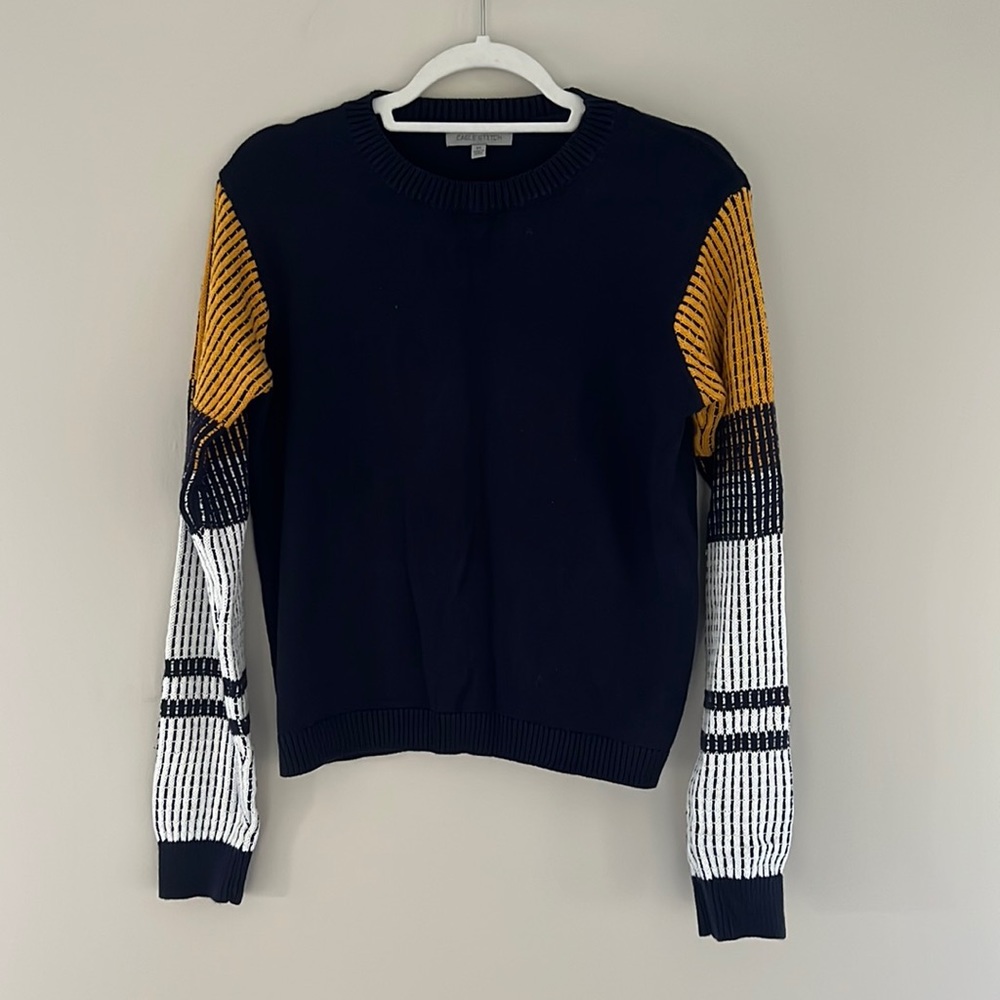 Cable Stitch Cotton Contrast-Sleeve Navy Blue Sweater Size Medium